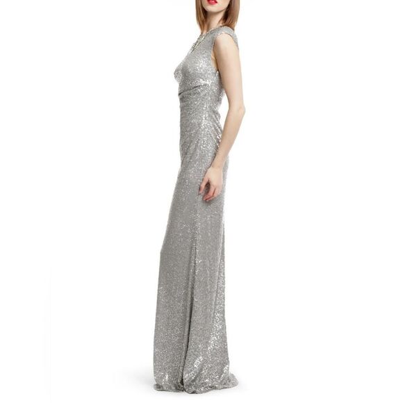 David Meister Metallic Silver Sequin Long Gown. Size 2. - Picture 2 of 8